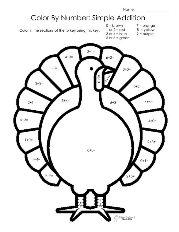 Thanksgiving color by number simple addition thanksgiving coloring pages turkey coloring pages animal coloring pages