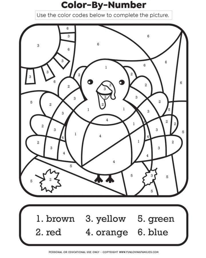 Thanksgiving color by number printable kids activity