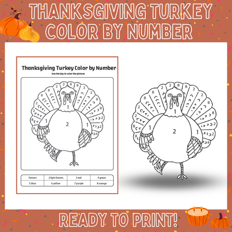 Thanksgiving turkey color by number printable feathers i am thankful for made by teachers