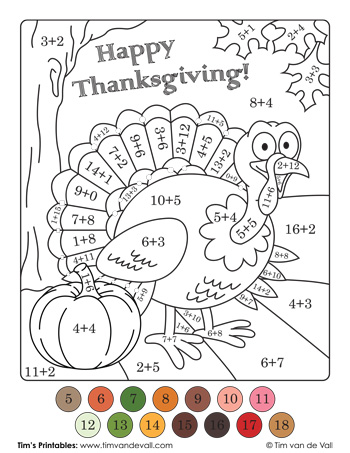 Turkey color by number â addition â tims printables
