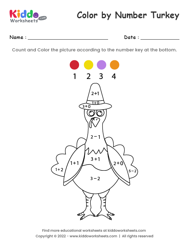 Free printable color by number turkey worksheet