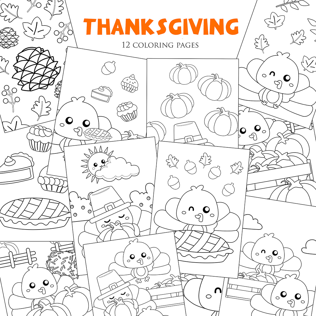 Thanksgiving turkey bird garden party decoration animal and food pie season holiday background cartoon coloring pages for kids and adult