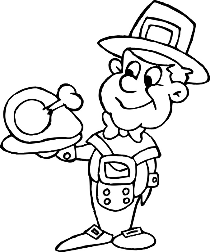 Thanksgiving coloring page pilgrim holding cooked turkey