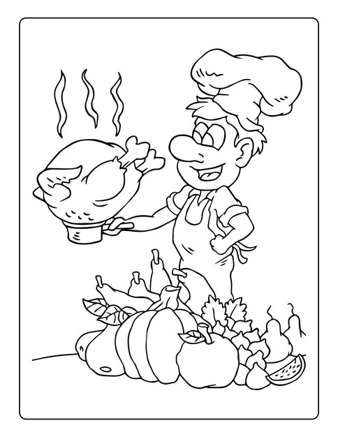 Premium vector thanksgiving coloring pages for kids with turkey and pumpkin black and white activity worksheet