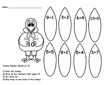 Turkey thanksgiving number bonds cut and paste