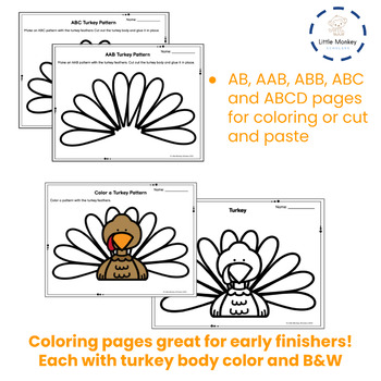 Turkey patterns color or cut and paste by little monkey scholars