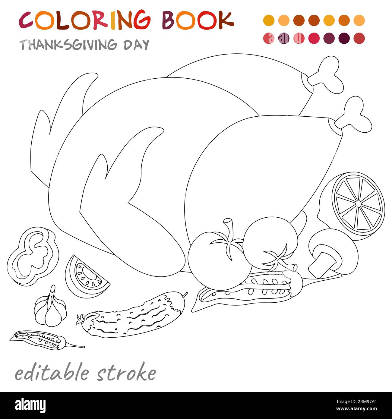 Thanksgiving day roasted turkey and vegetables coloring template for children and adults for relaxation and rest stock vector image art