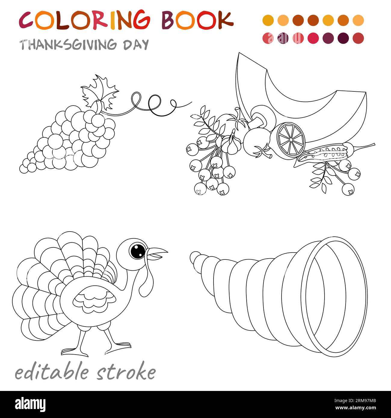 Thanksgiving day pumpkin grapes turkey and cornucopia coloring template for children and adults for relaxation and rest stock vector image art