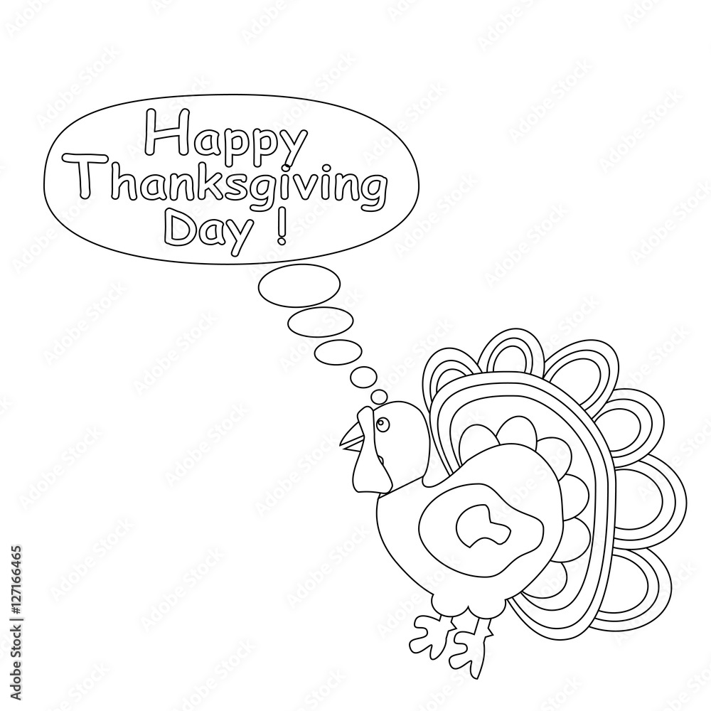 Outlined cartoon turkey happy thanksgiving day concept kids coloring page vector