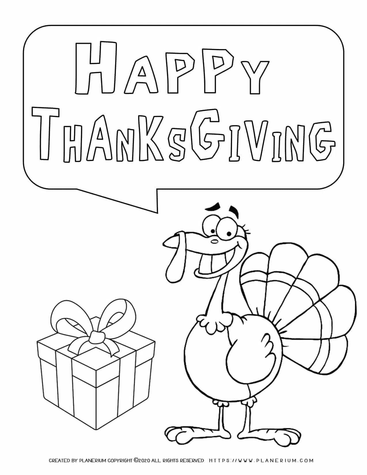 Happy thanksgiving and a smiling turkey coloring page