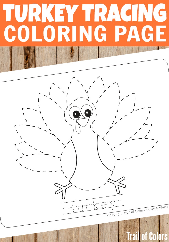 Cute turkey tracing coloring page for kids