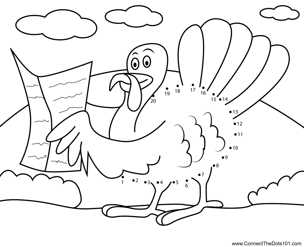 Thanksgiving turkey reading newspaper dot to dot printable worksheet