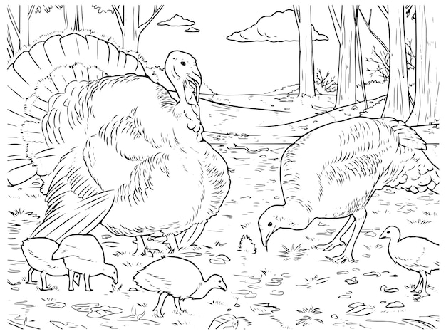 Premium vector coloring book page of domestic turkey family eating on the farm black and white outline zoo animals illustration for children