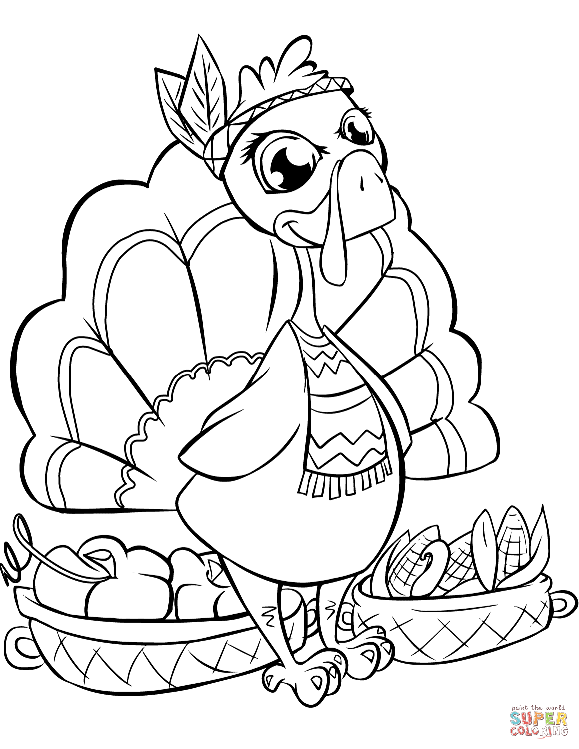 Cute turkey with baskets coloring page free printable coloring pages