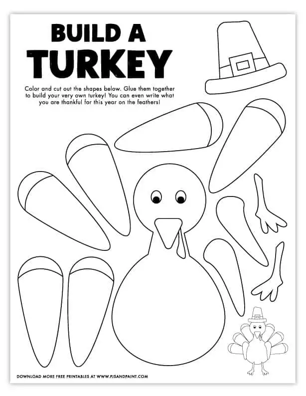 Free printable build a turkey coloring page