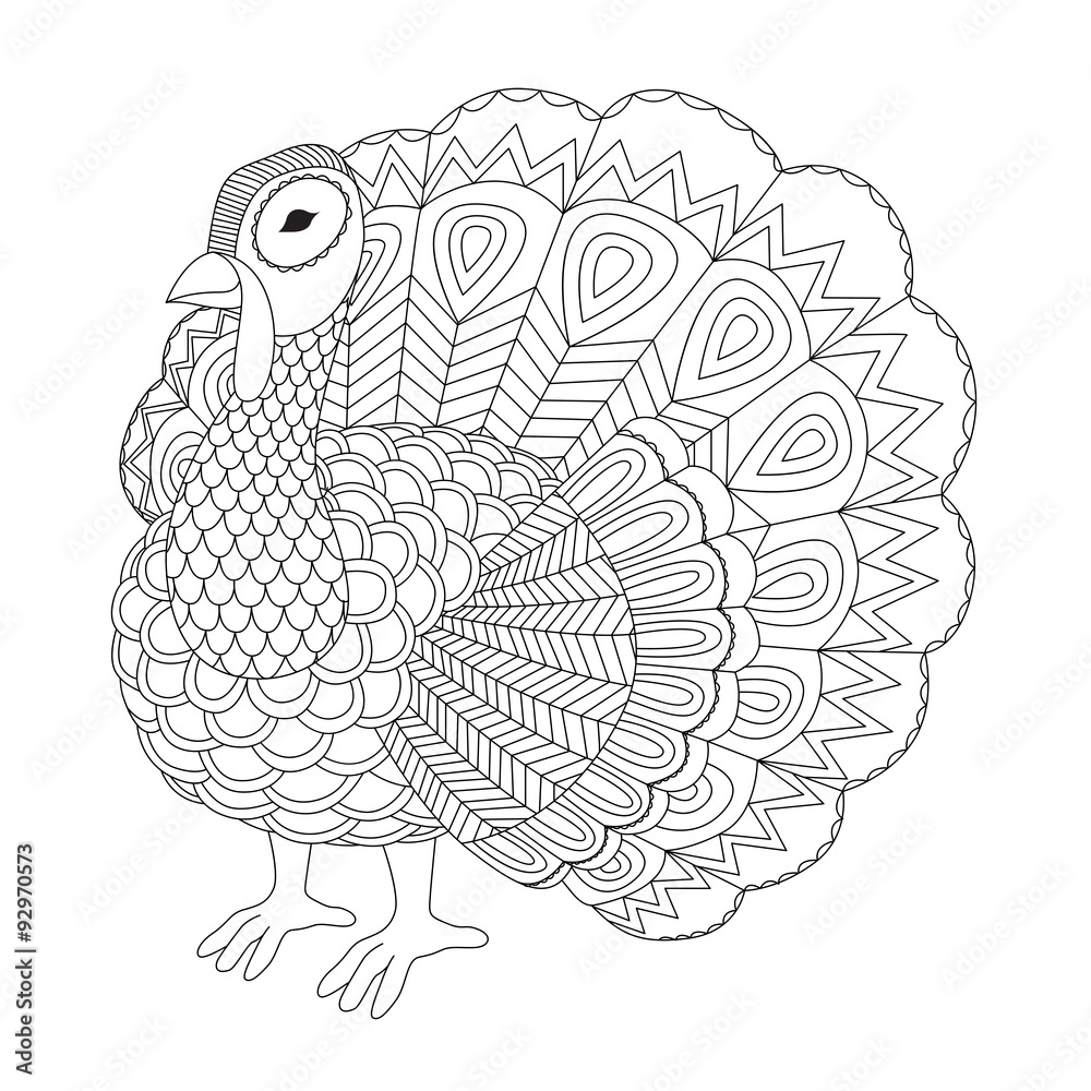 Detailed zentangle turkey for coloring page for adult vector