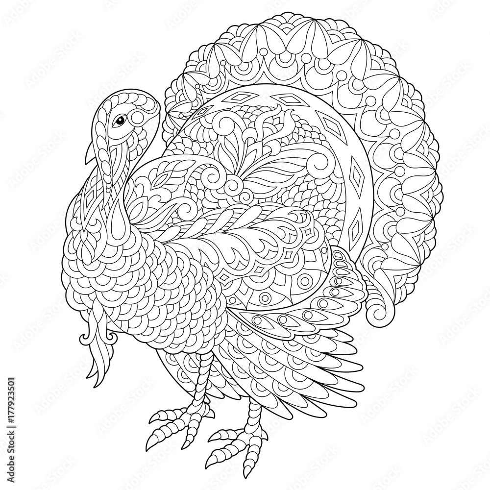 Coloring page of turkey for thanksgiving day greeting card freehand sketch drawing for adult antistress coloring book with doodle and zentangle elements vector