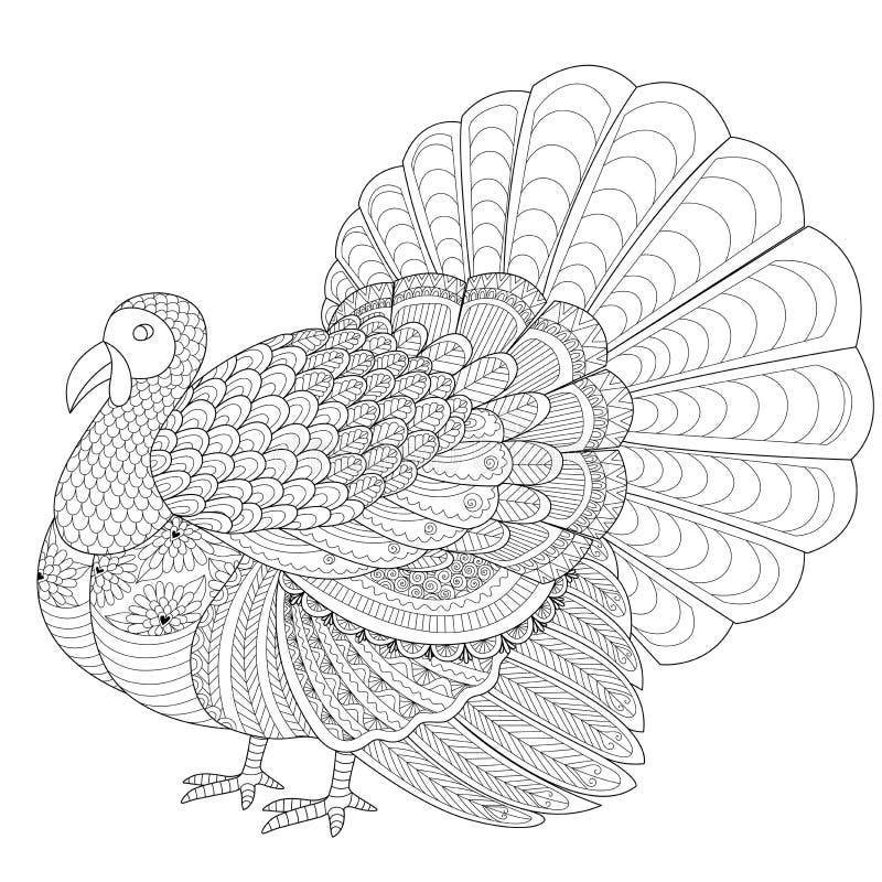 Detailed zentangle turkey for coloring page for adult stock vector