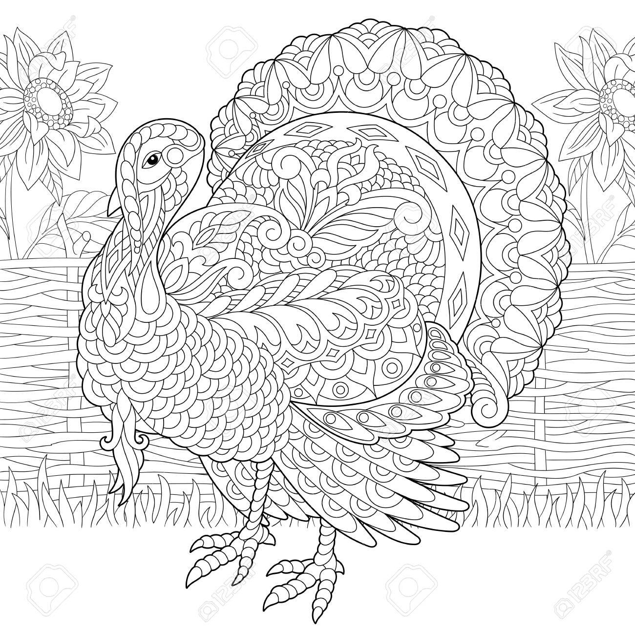 Coloring page of turkey and sunflowers on the farm yard freehand sketch drawing for thanksgiving day greeting card or adult antistress coloring book royalty free svg cliparts vectors and stock illustration image