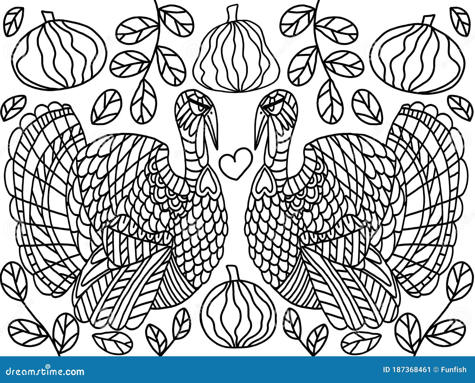 Two turkeys coloring page for thanksgiving day pastime for kids and adults stock illustration