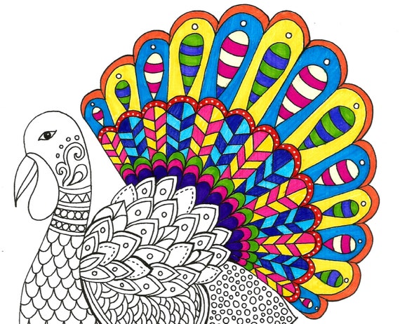 Turkey thanksgiving coloring page instant pdf download hand drawn adult coloring page diy