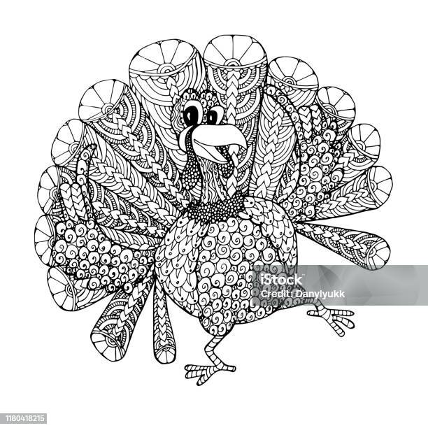 Doodle turkey cartoons monochrome coloring page for adult for children for web for print art design stock illustration