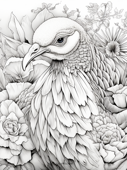 Turkey surrounded by flowers coloring page instant digital downloa â luanella art