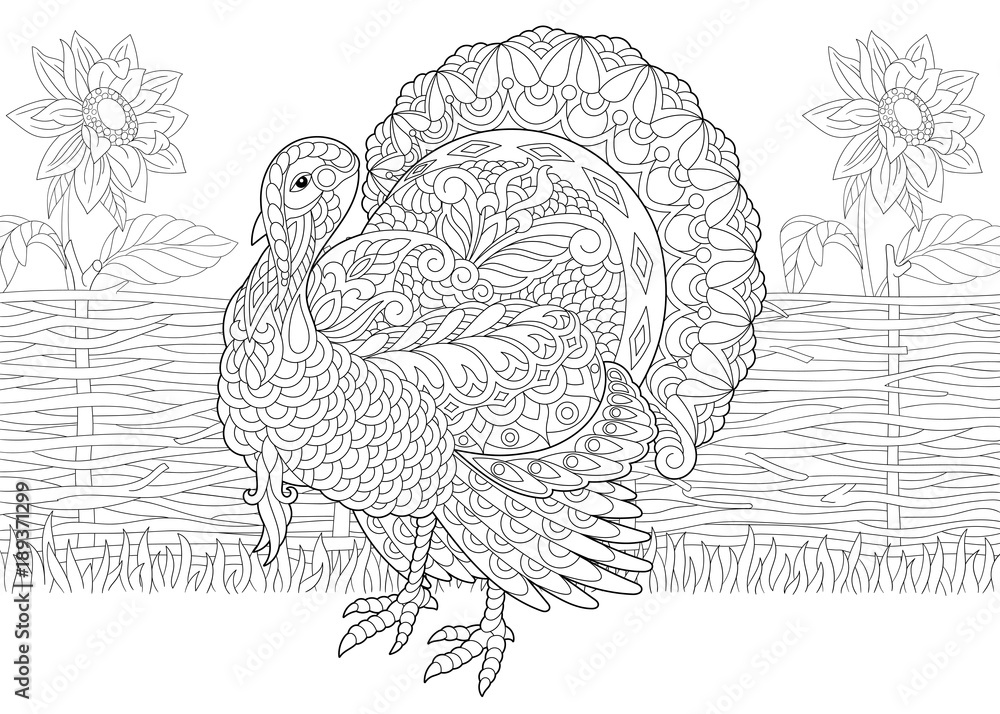 Coloring page adult coloring book turkey bird and sunflowers on the farm yard freehand sketch drawing for thanksgiving day greeting card with doodle and zentangle elements vector