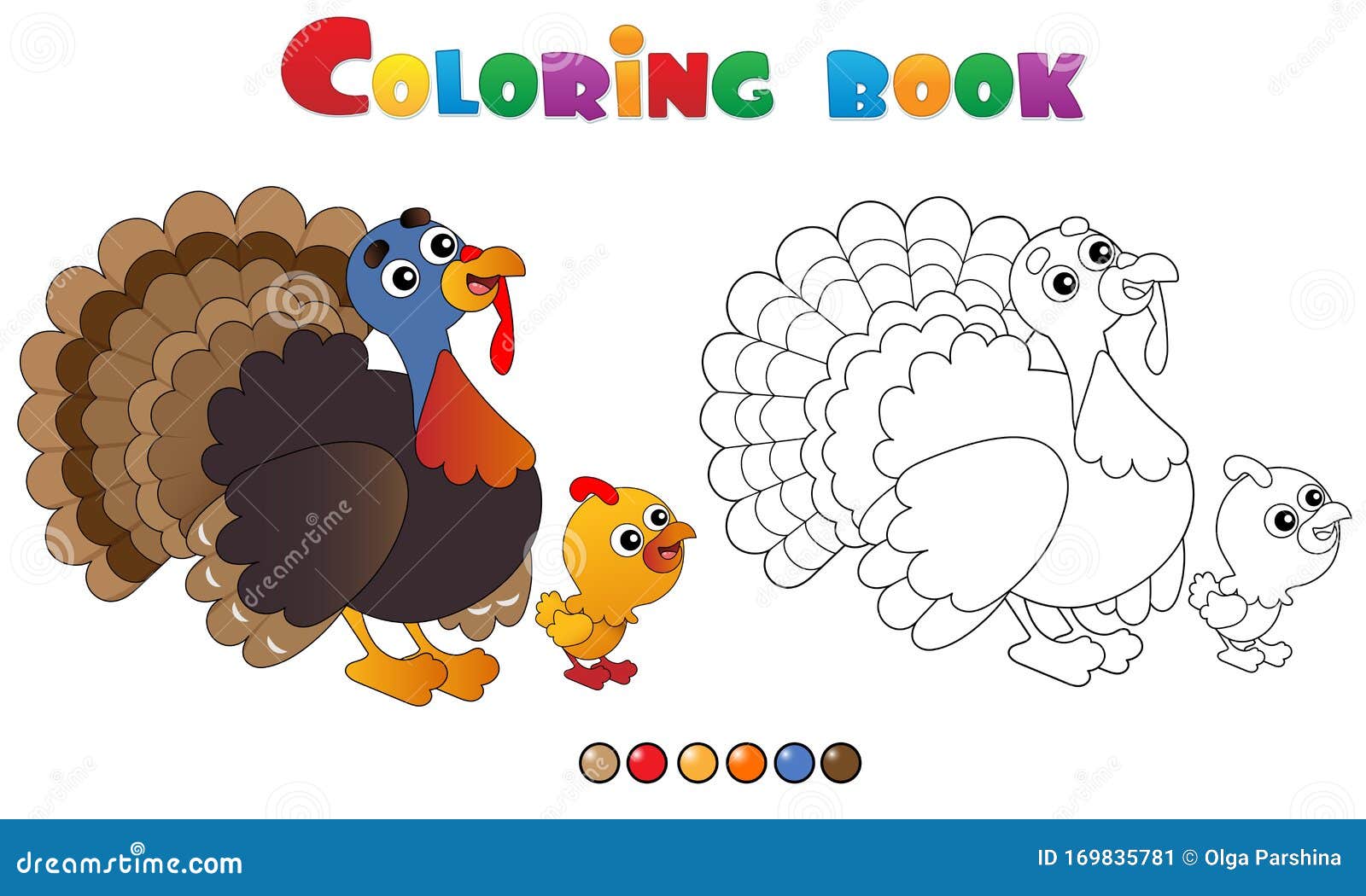 Coloring page outline of cartoon turkey with nestling farm animals stock vector