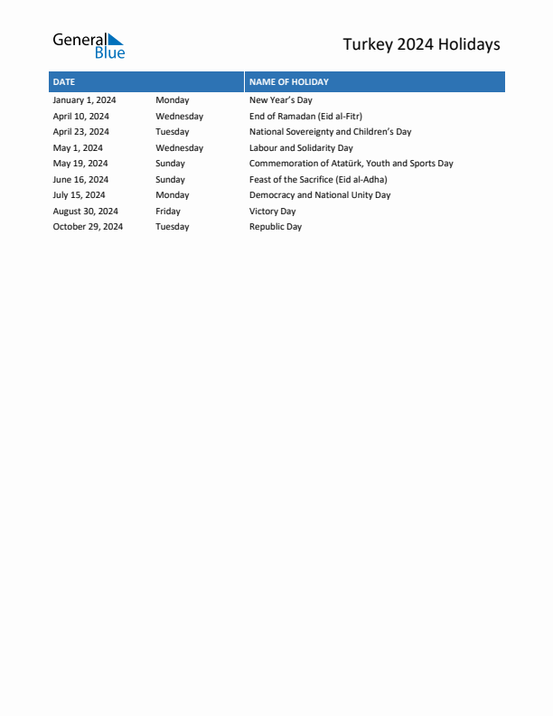 Turkey list of holidays in pdf word and excel