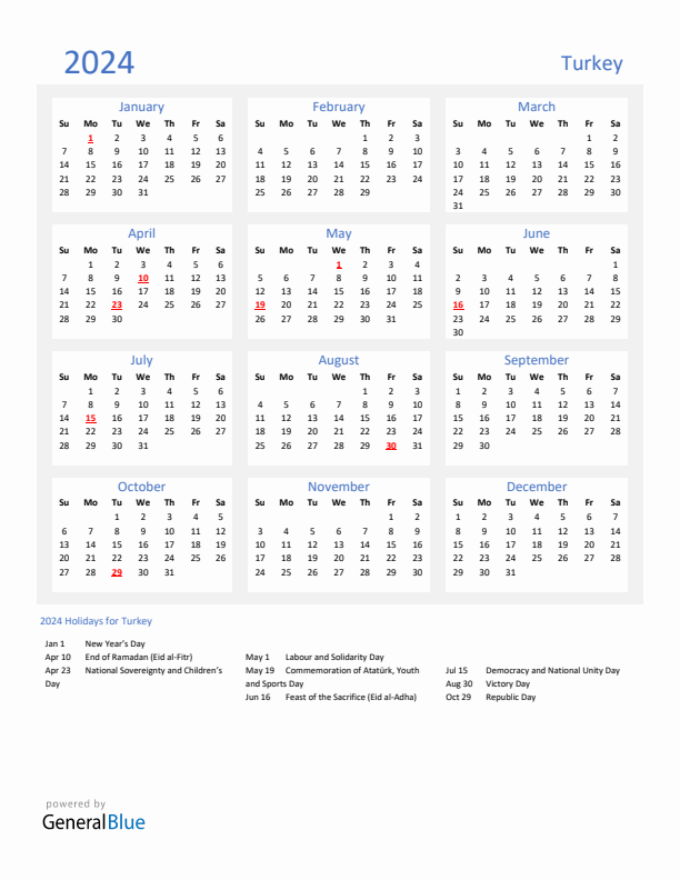 Turkey calendar with holidays