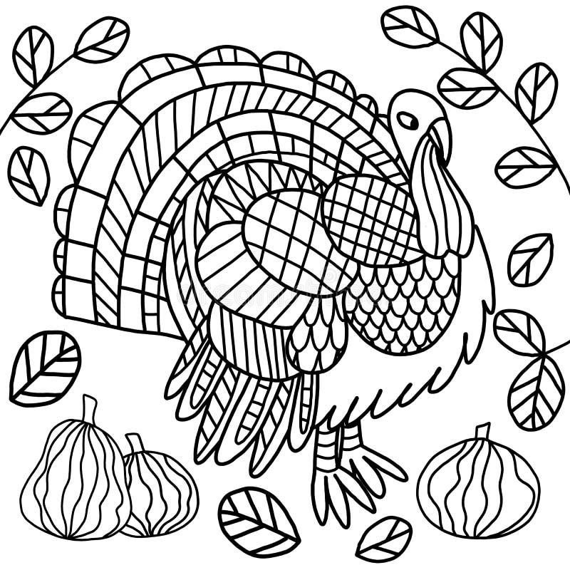 Turkey and pumpkins and leaves black outline on white coloring page for kids and adults stock illustration