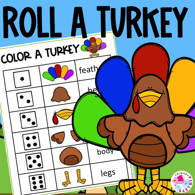 Thanksgiving math game roll and build a turkey roll and color roll and cover made by teachers