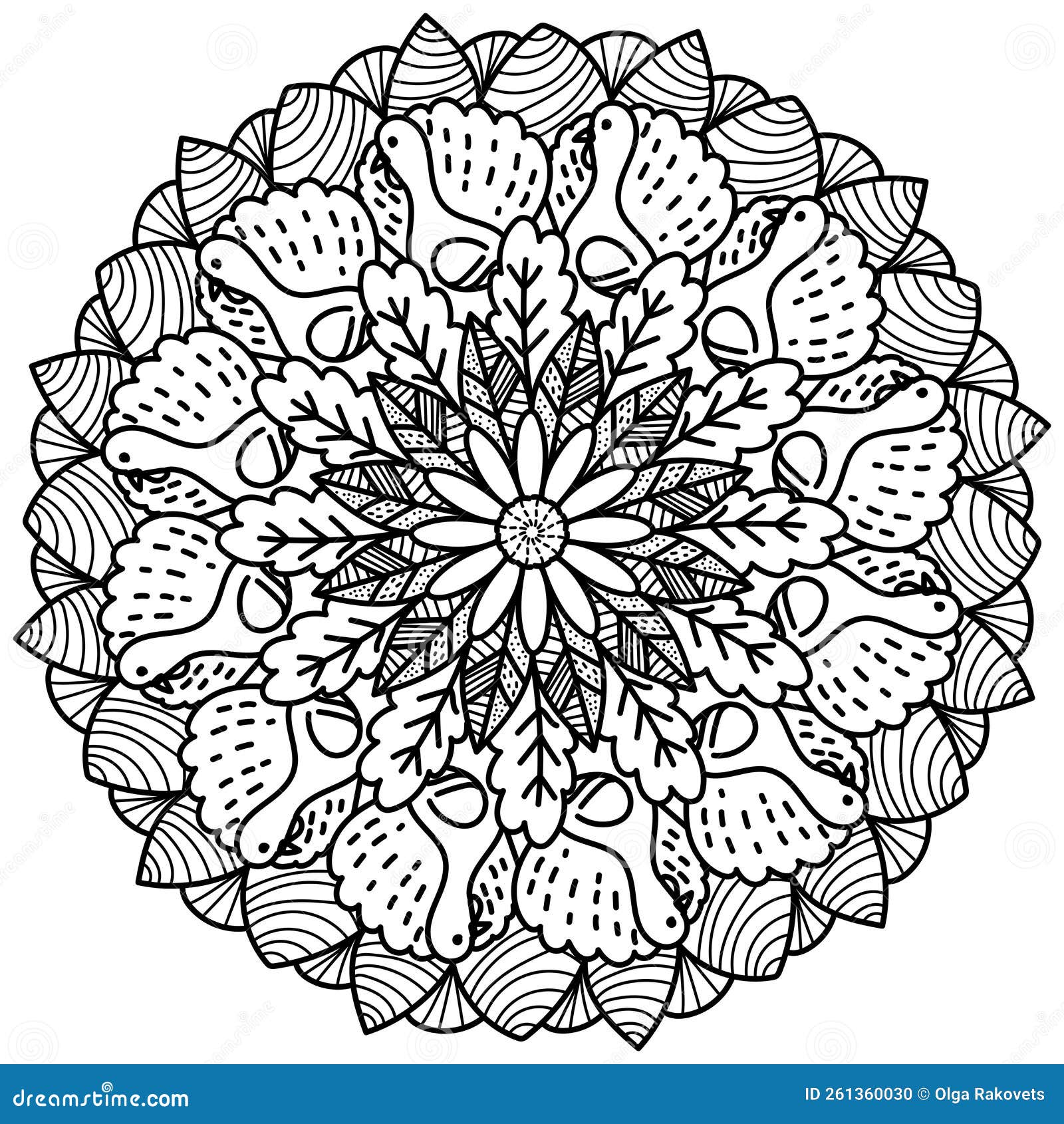 Thanksgiving mandala with turkey and leaves meditative coloring page with patterns and flower stock vector