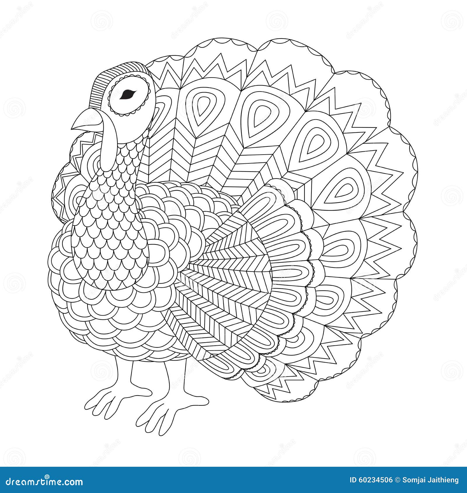 Detailed zentangle turkey for coloring page for adult stock vector