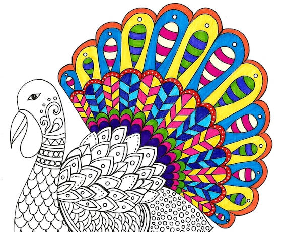 Turkey thanksgiving coloring page instant pdf download hand drawn adult coloring page diy