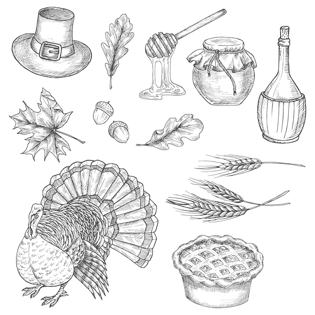 Premium vector thanksgiving traditional food abundance symbols of turkey bird sweet pie wheat ears