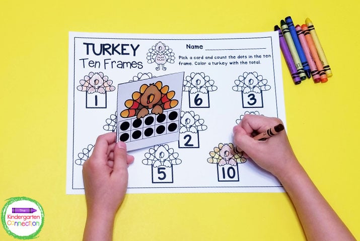 Free printable turkey ten frame math game for kindergarten