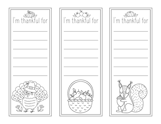 Premium vector vector black and white thanksgiving cards set im thankful for vertical line templates collection with cute turkey pumpkin owl autumn outline holiday frame or bookmark designs for kidsxa