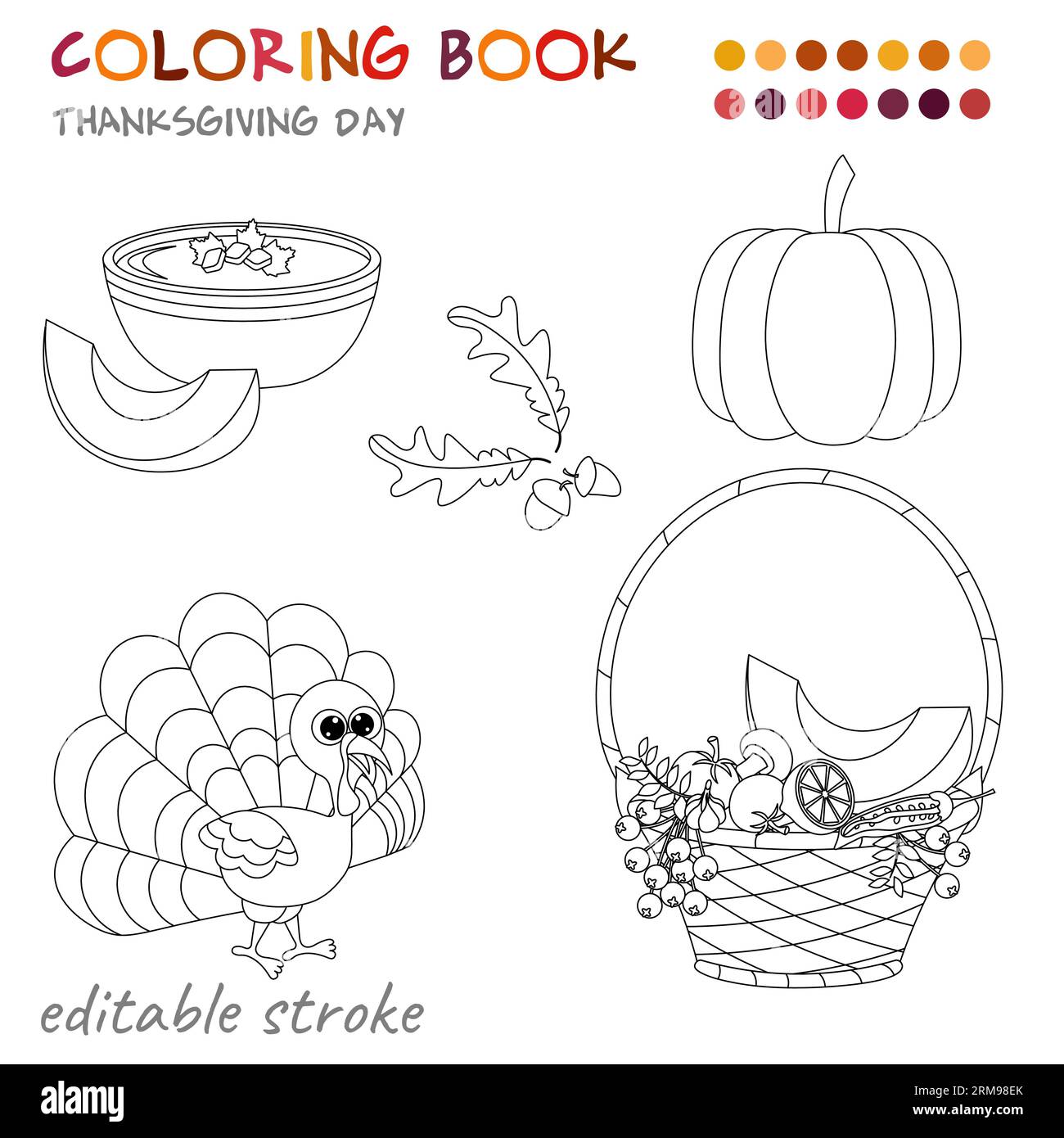 Thanksgiving day pumpkin basket pumpkin soup and turkey coloring template for children and adults for relaxation and rest stock vector image art