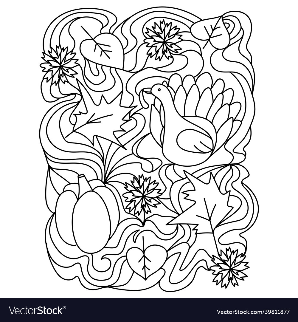 Thanksgiving coloring page turkey pumpkin vector image