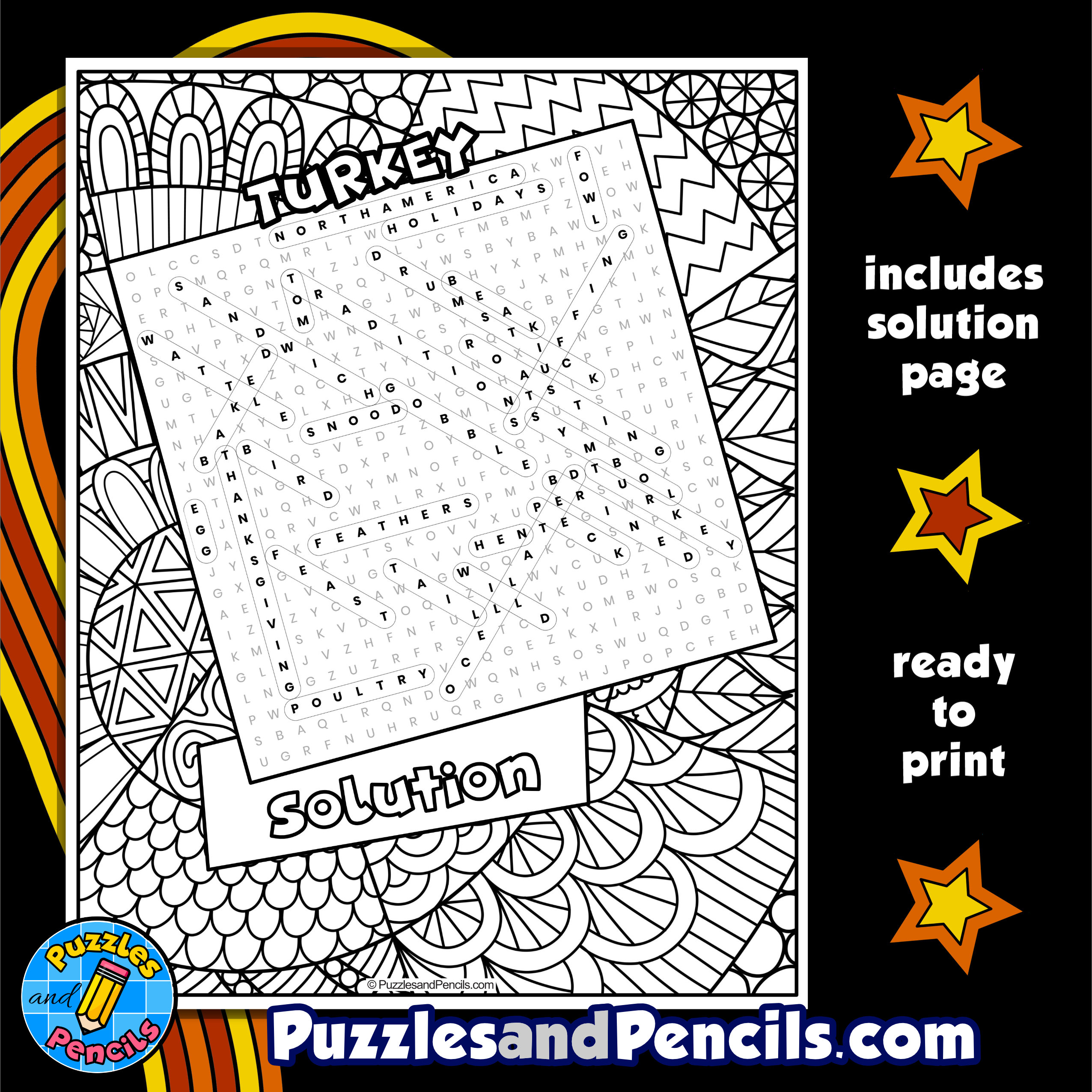 Turkey word search puzzle activity page with coloring thanksgiving made by teachers