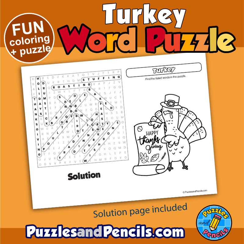 Turkey word search puzzle activity page with coloring thanksgiving made by teachers