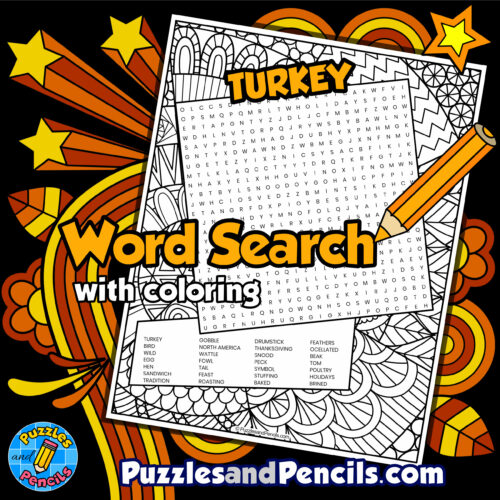 Turkey word search puzzle activity page with coloring thanksgiving made by teachers