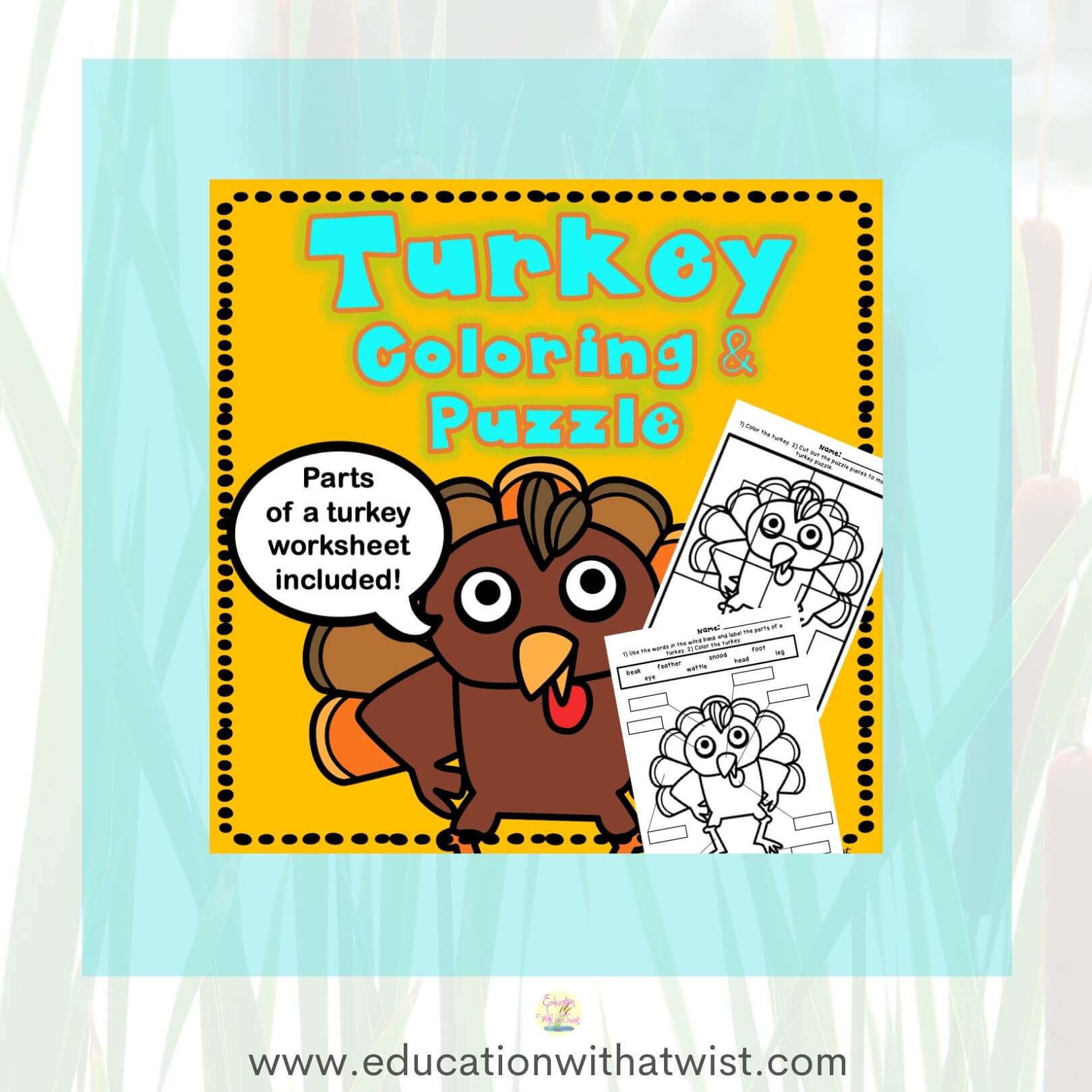 Turkey coloring puzzle and parts of a turkey worksheet â