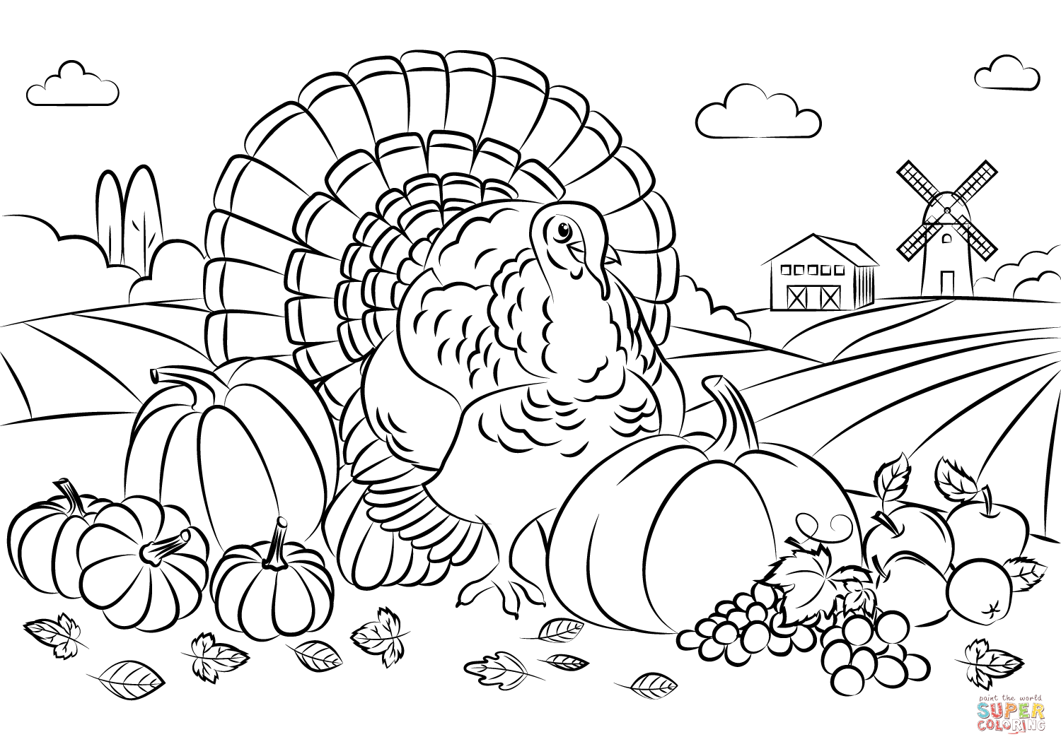 Thanksgiving turkey with harvest coloring page free printable coloring pages