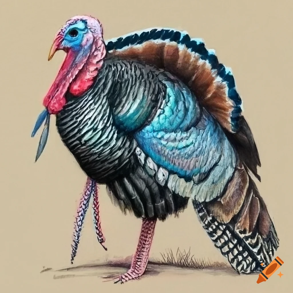 Wide vista view color pencil drawing of wild turkey on