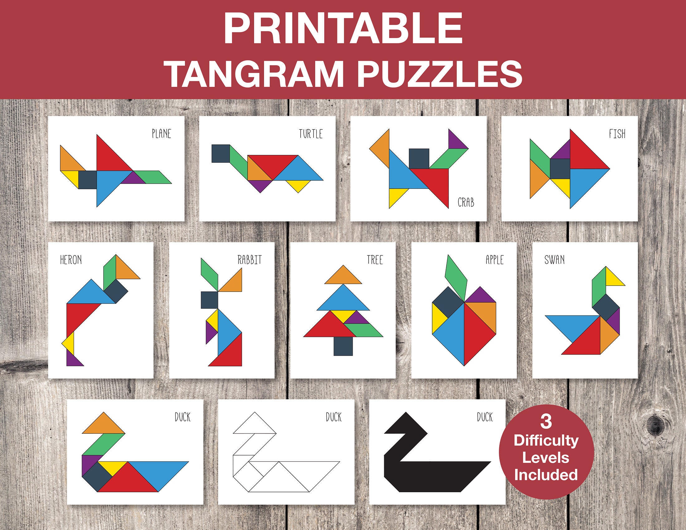 Tangram puzzles printable game kids printable puzzle montessori cards kids game flash cards educational game instant download g