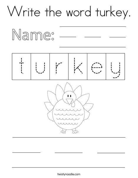 Write the word turkey coloring page