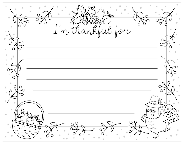 Premium vector vector black and white thanksgiving card im thankful for horizontal line letter template with cute turkey basket with apples fruit harvest autumn outline holiday frame design for kidsxa